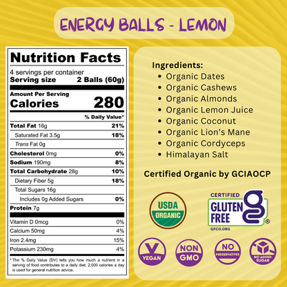 Organic Mushroom Energy Balls - Lemon